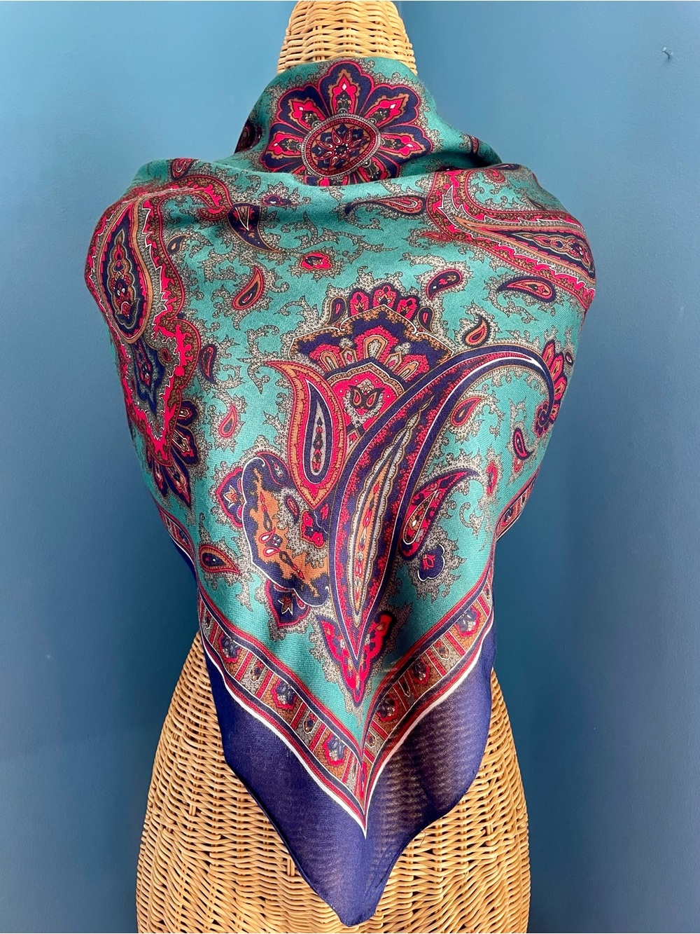 Woodward Jewel Tone Square Scarf Paisley With Border Green Blue Red  34 x 34